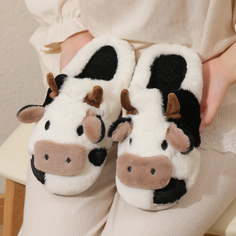 Color: black, Shoe Size: 41 - New Winter Unisex Cartoon Cow Warm Plush Slippers Couple's Indoor Non-slip House Mule Men And Women Toe Wrap Home Cotton Shoes