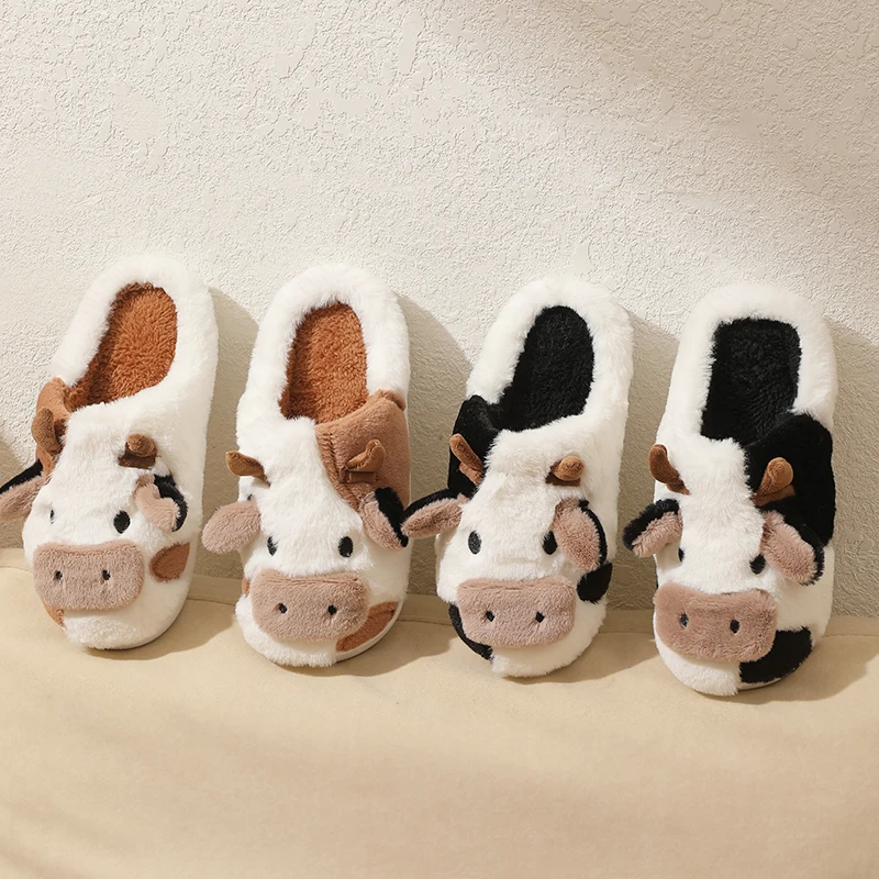Color: black, Shoe Size: 41 - New Winter Unisex Cartoon Cow Warm Plush Slippers Couple's Indoor Non-slip House Mule Men And Women Toe Wrap Home Cotton Shoes