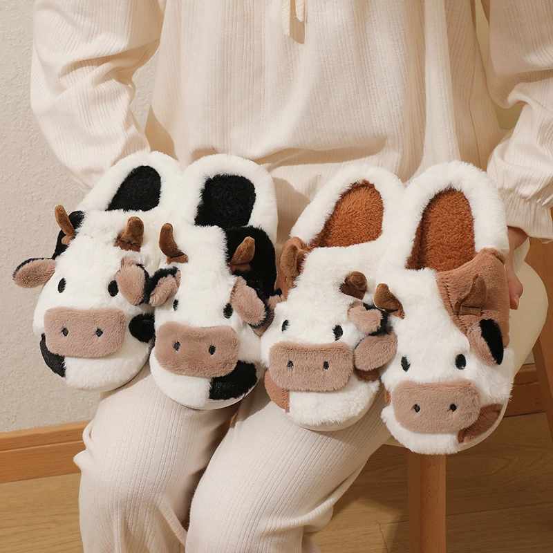 Color: black, Shoe Size: 41 - New Winter Unisex Cartoon Cow Warm Plush Slippers Couple's Indoor Non-slip House Mule Men And Women Toe Wrap Home Cotton Shoes
