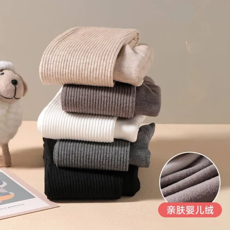 Color: WHITE, Size: S - Autumn Winter New Thin Plush Vertical Stripe Solid Color Girls' Pantyhose With Plush Warm Children's Bottom Socks and Panties