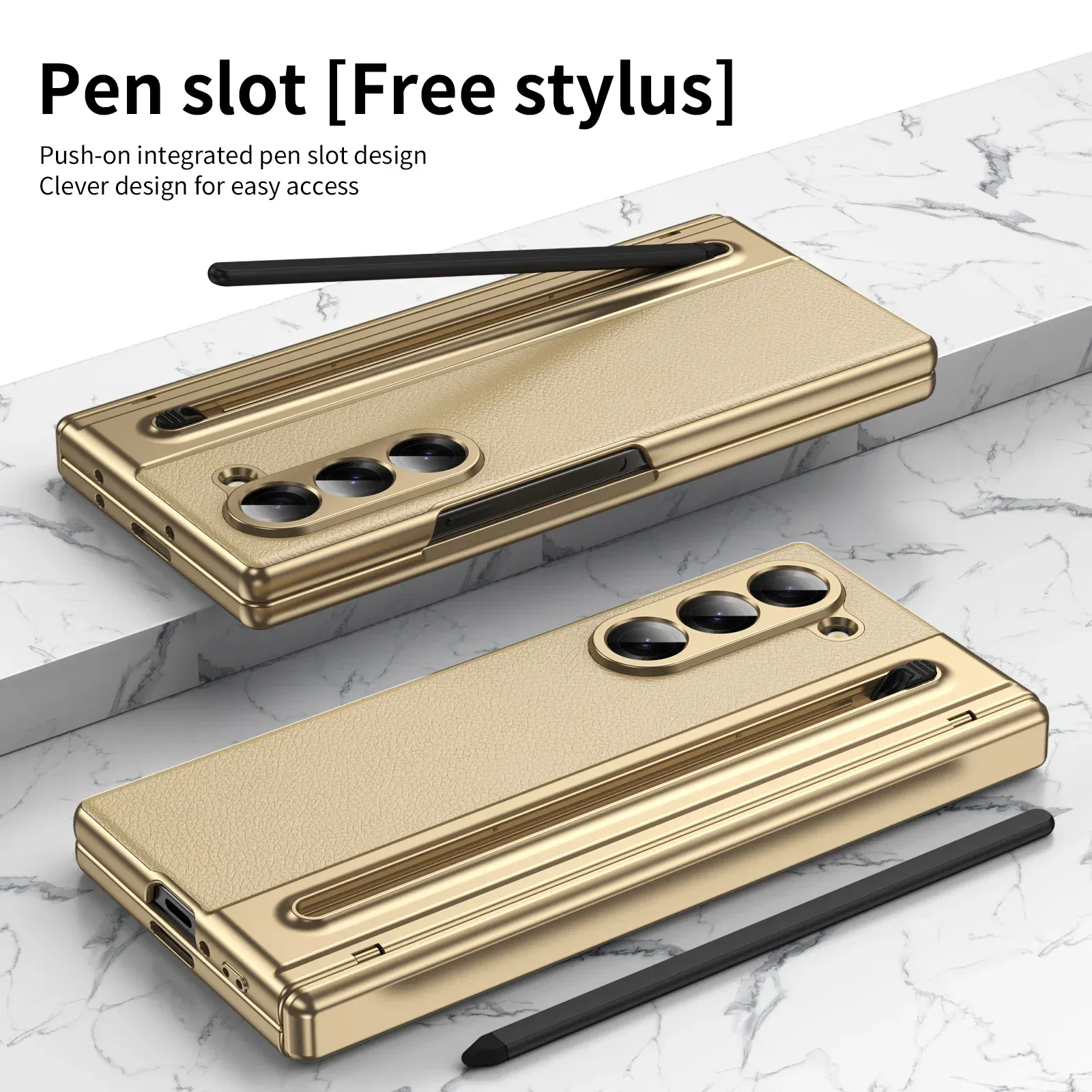Color: WHITE, Material: ABS - With Touch Pen For Samsung Galaxy Z Fold 6 Slim 5 W25 5 4 3 Case Leather Plating Hinge 360 Full Screen Protector Folding Cover