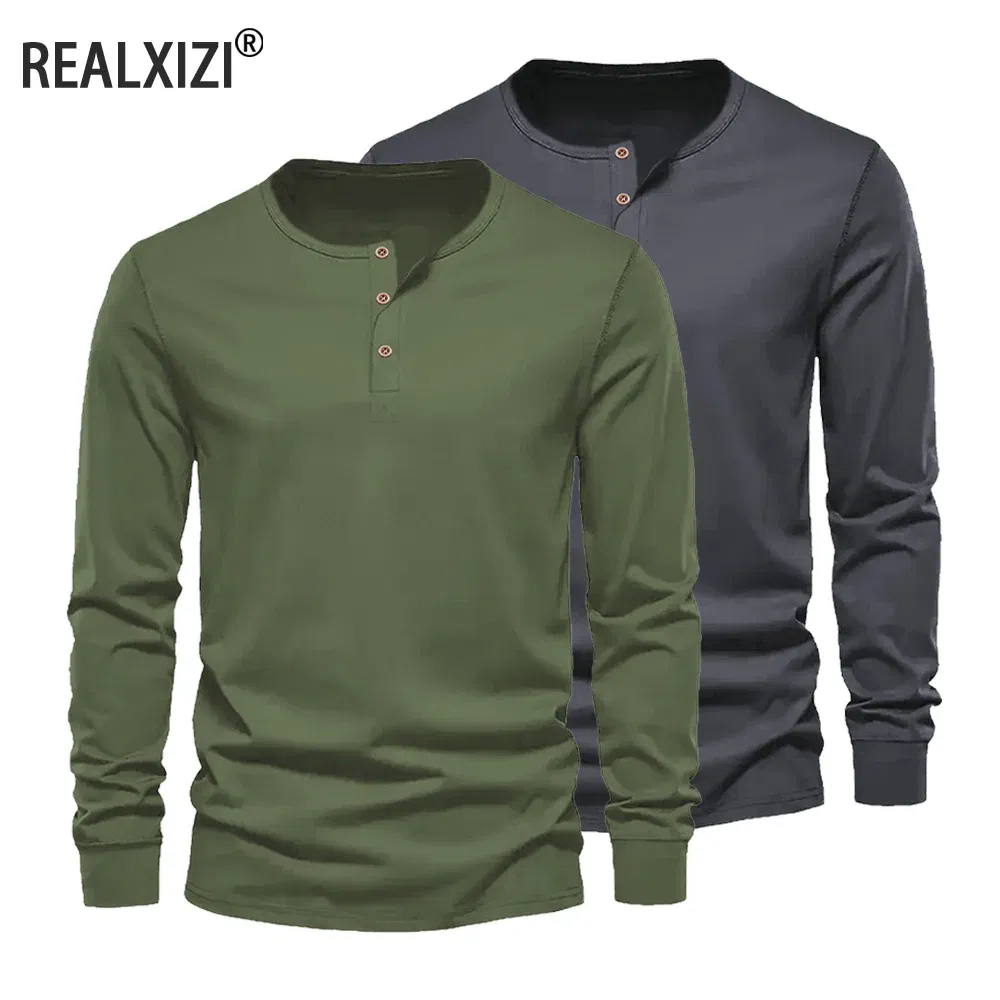 Color: WHITE, Size: L - Men's Long Sleeved Henley Neck T-shirt Slim Fit Bottoming Shirt Fitness Tops Tees Button Neck Casual Cozy Tshirt