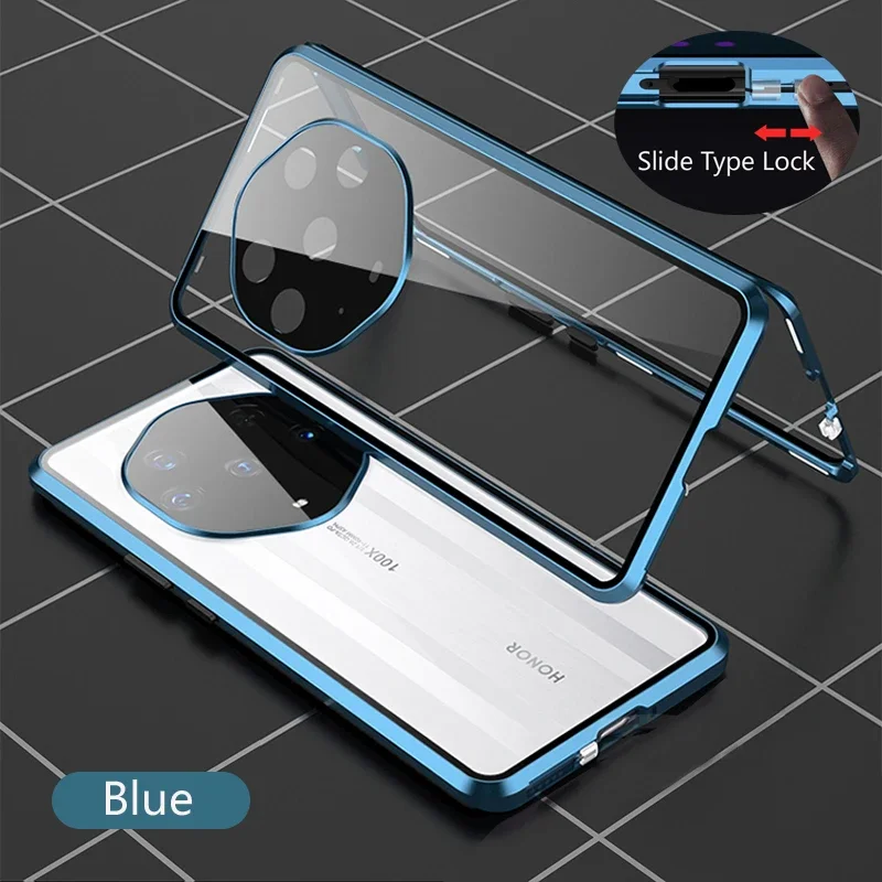 Color: Blue, Material: EVA - Double Sided Glass Magnetic Metal Snap Lock Phone Case For Honor Magic 4 5 Ultimate 6 Lite 7 Pro Lens Protection Cover Cases