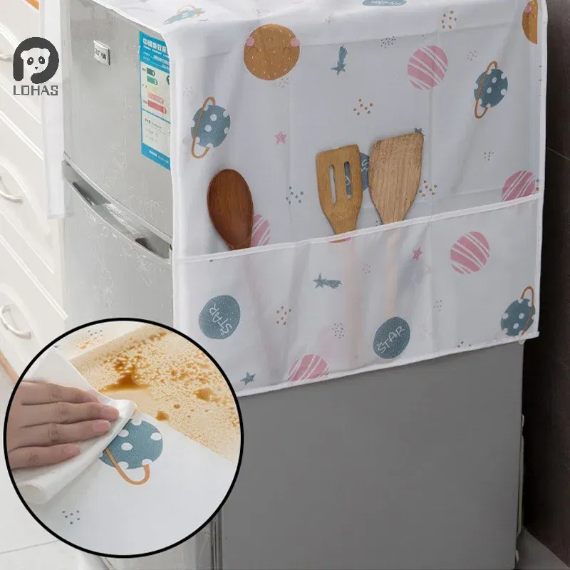 Color: light yellow - Refrigerator Dust Cover With Storage Bag Washable Multi-purpose Household Washing Machine Cabinet Dust Protection Cover