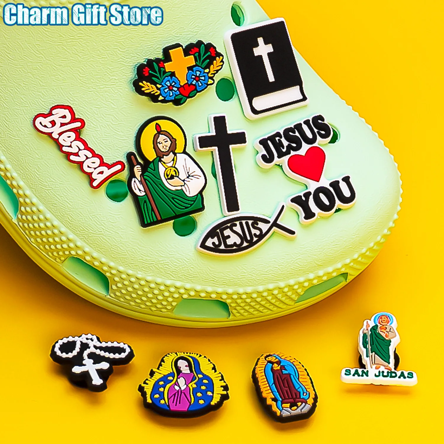 Color: light brown - 1pcs New Shoe Charm Religion PVC Clog Charms Crucifix Blessed Virgin Mary Clog Pin Clips Jeans Garden Sandal Shoe Decoration