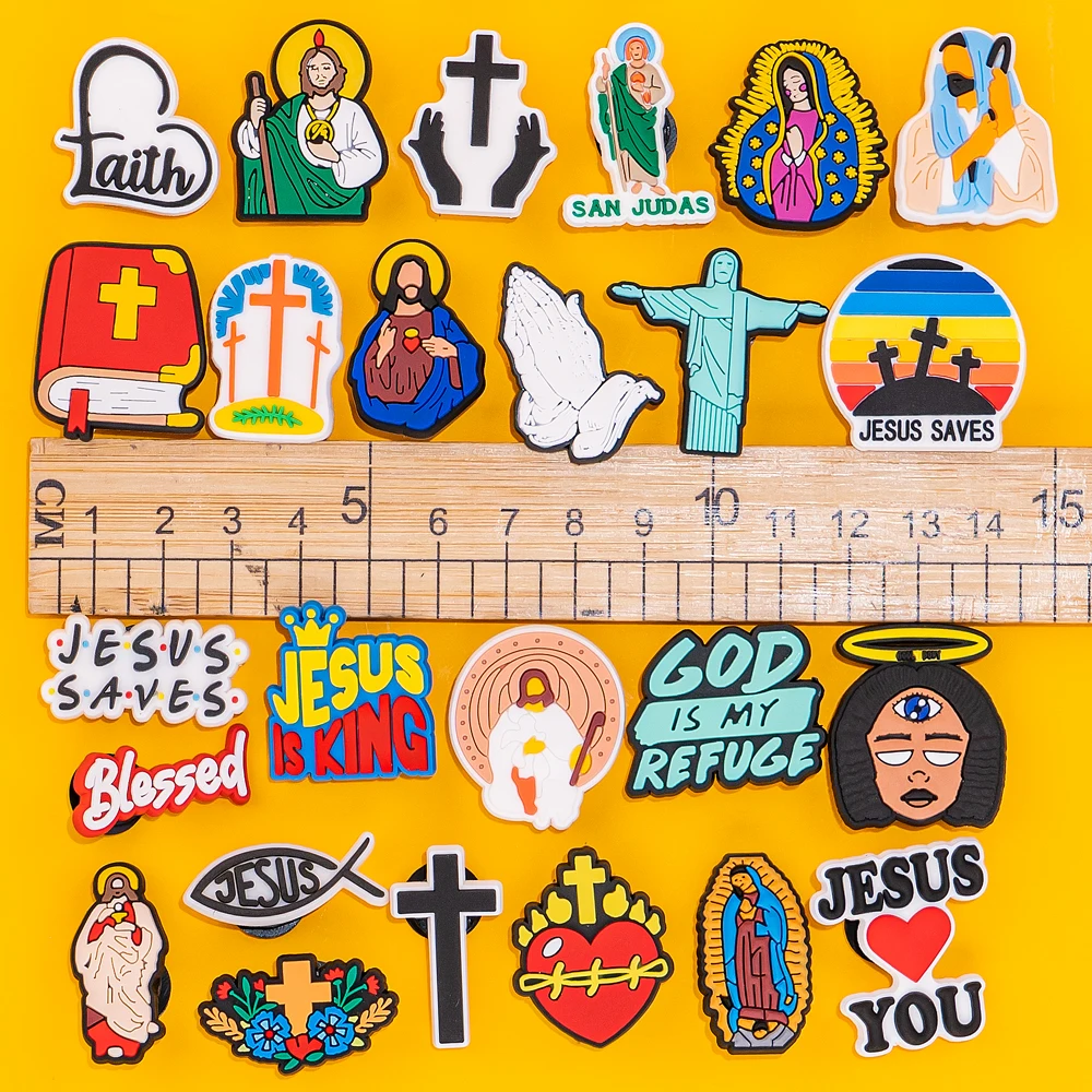 Color: light brown - 1pcs New Shoe Charm Religion PVC Clog Charms Crucifix Blessed Virgin Mary Clog Pin Clips Jeans Garden Sandal Shoe Decoration