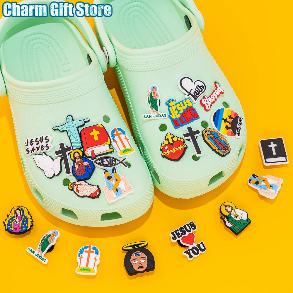 Color: light brown - 1pcs New Shoe Charm Religion PVC Clog Charms Crucifix Blessed Virgin Mary Clog Pin Clips Jeans Garden Sandal Shoe Decoration