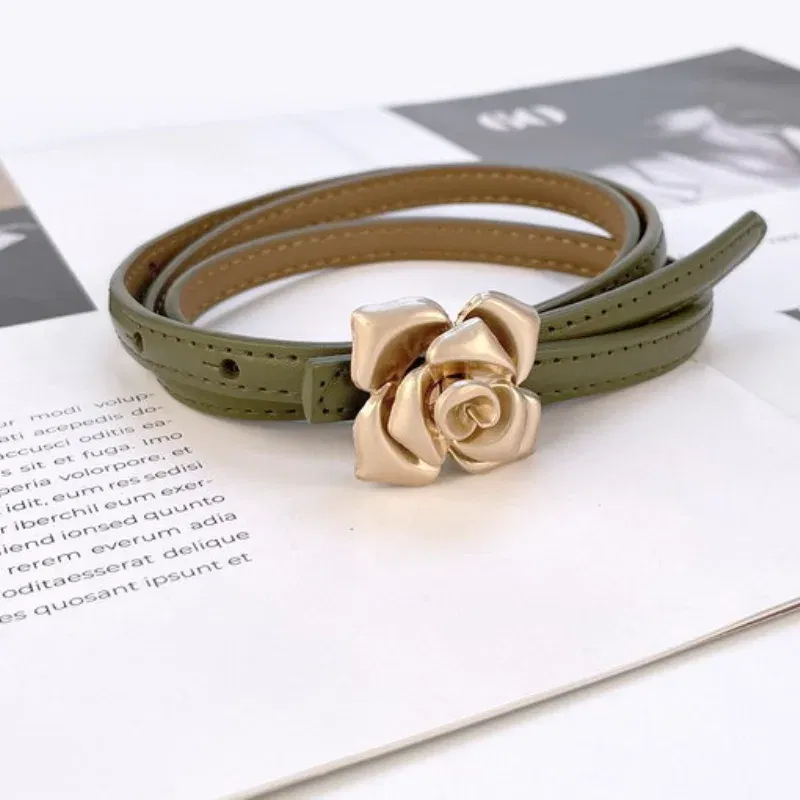 Color: LIGHT GRAY, Belt Length: 105CM - 1.0cm New Unique Rose Genuine Leather Gold Belt Women Fashion Cowskin Flower Thin Belts Female Jeans Dress Waistband