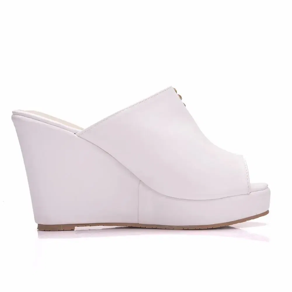 Color: Beige, Shoe Size: 37 - Crystal Queen 10cm Peep Toe Platform Wedges Slippers High Heels Beach Sandals Women
