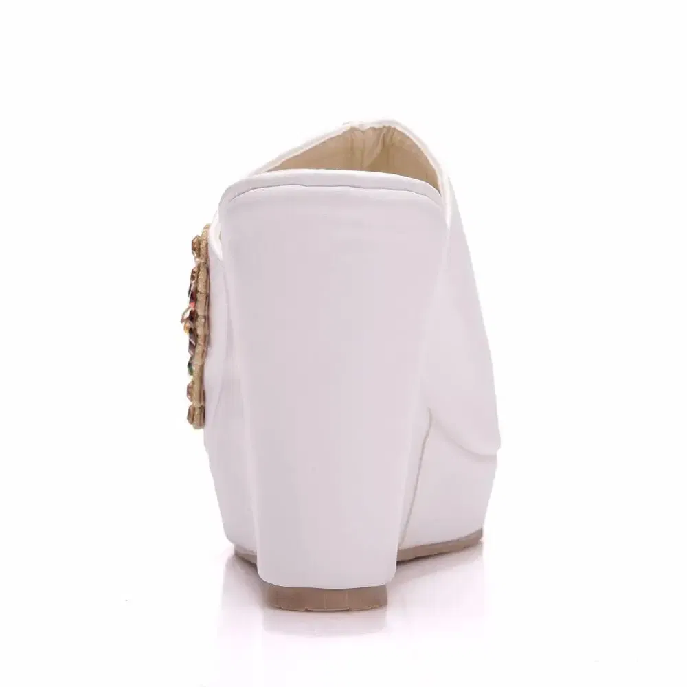 Color: Beige, Shoe Size: 37 - Crystal Queen 10cm Peep Toe Platform Wedges Slippers High Heels Beach Sandals Women