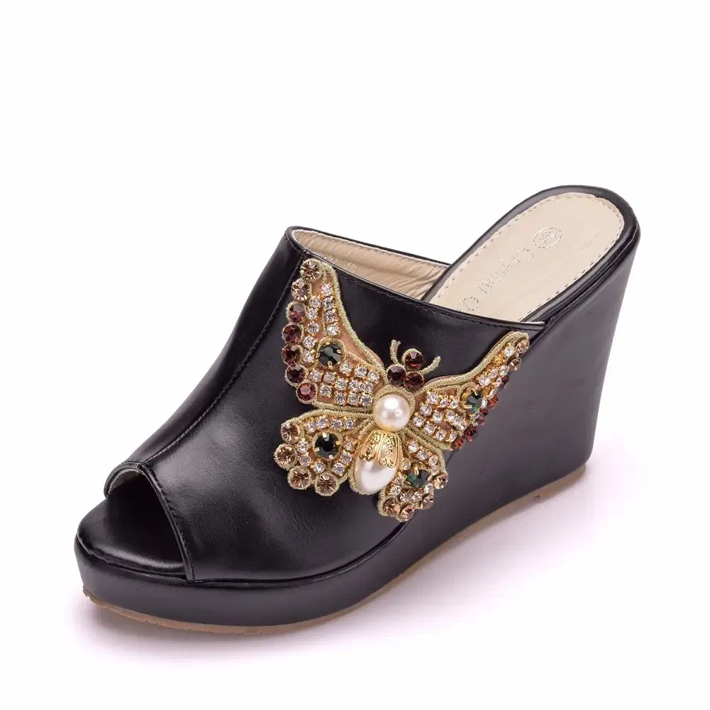 Color: Beige, Shoe Size: 37 - Crystal Queen 10cm Peep Toe Platform Wedges Slippers High Heels Beach Sandals Women