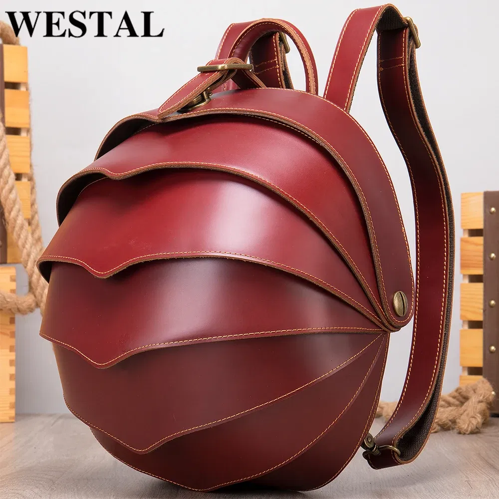 Color: Clear - WESTAL Crazy Horse Leather Backpack for Woman Round Mini Schoolbag Backpack Purse Antitheft Rucksack Ladies Designer Backpacks