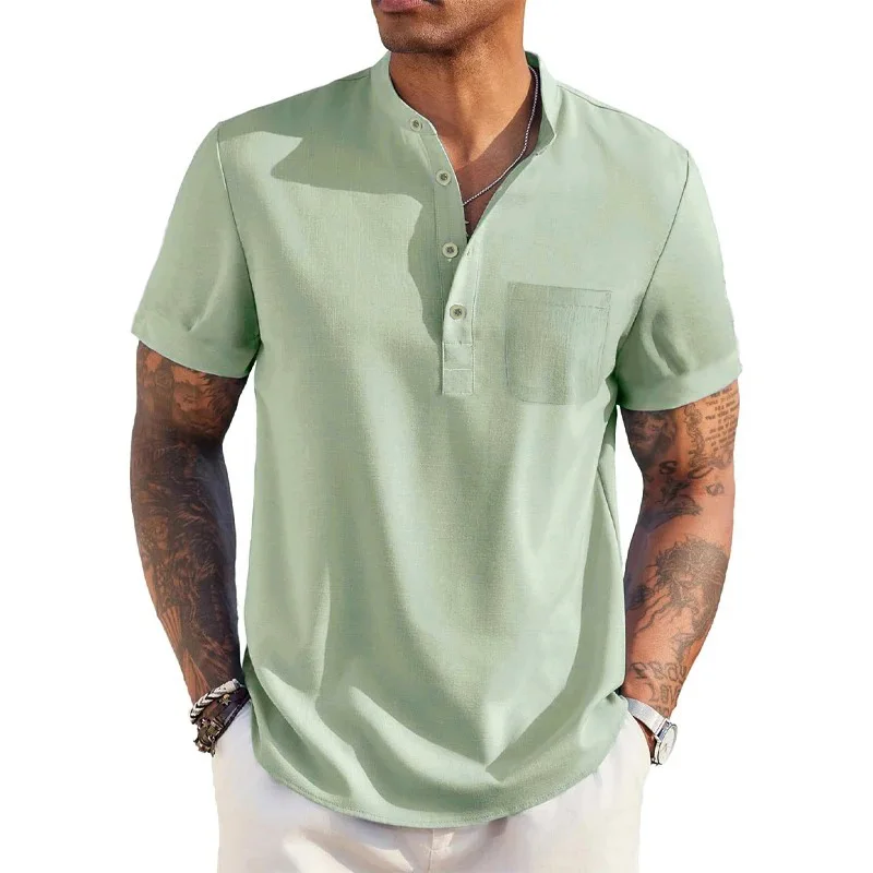 Color: green, Size: S - Summer Men's Cotton Linen T-Shirt Henley Neck Pocket Casual Lightweight Breathable Beach Shirt Solid Color Basic Style Tops