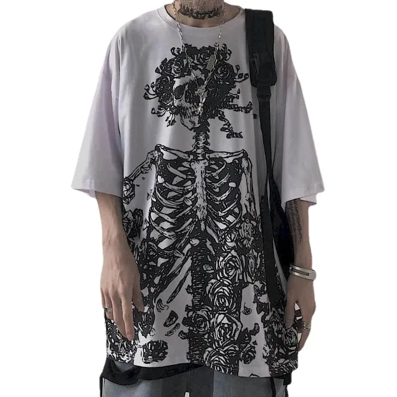 Color: GRAY, Size: L - Men T-shirts 2023 Summer Streetwear High Street Gothic Skull Tshirt Loose Oversized Short-sleeved T shirt Dark Anime Men Y2k Top