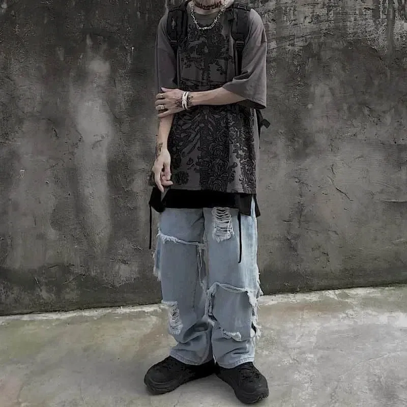 Color: GRAY, Size: L - Men T-shirts 2023 Summer Streetwear High Street Gothic Skull Tshirt Loose Oversized Short-sleeved T shirt Dark Anime Men Y2k Top