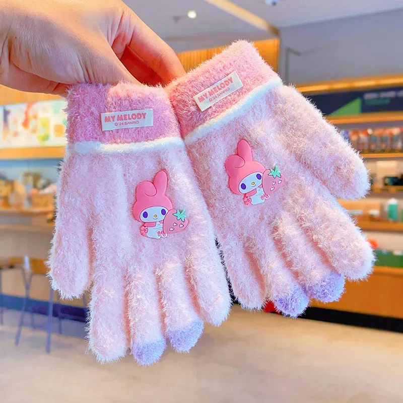 Color: Yellow - Sanrio Gloves Kawaii My Melody Kuromi Cold-Proof Winter Finger Gloves Plush Screen Touch Warm Children Toddler Christmas Gifts