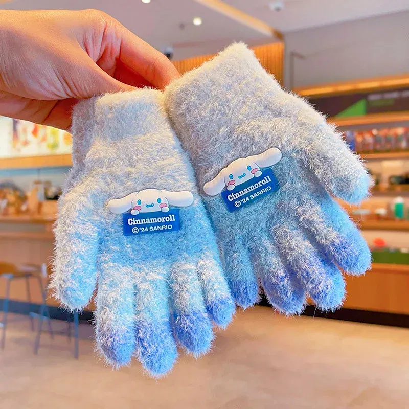 Color: Yellow - Sanrio Gloves Kawaii My Melody Kuromi Cold-Proof Winter Finger Gloves Plush Screen Touch Warm Children Toddler Christmas Gifts