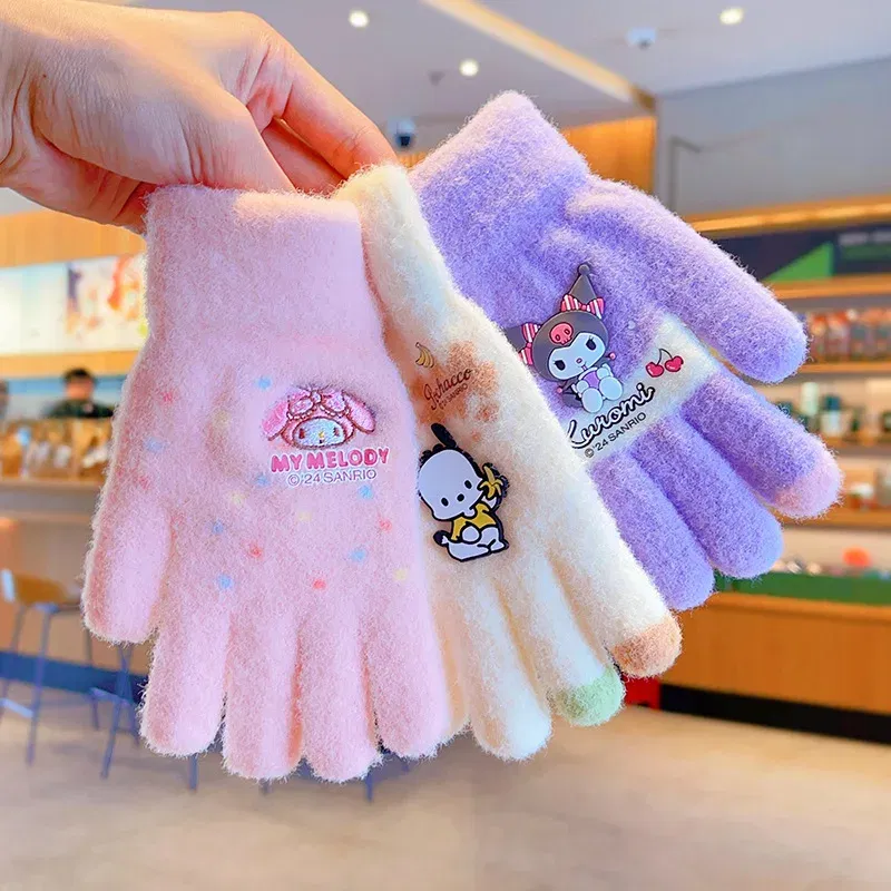 Color: Yellow - Sanrio Gloves Kawaii My Melody Kuromi Cold-Proof Winter Finger Gloves Plush Screen Touch Warm Children Toddler Christmas Gifts