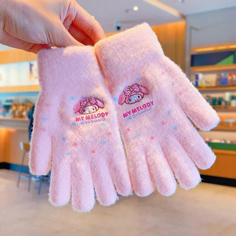 Color: Yellow - Sanrio Gloves Kawaii My Melody Kuromi Cold-Proof Winter Finger Gloves Plush Screen Touch Warm Children Toddler Christmas Gifts