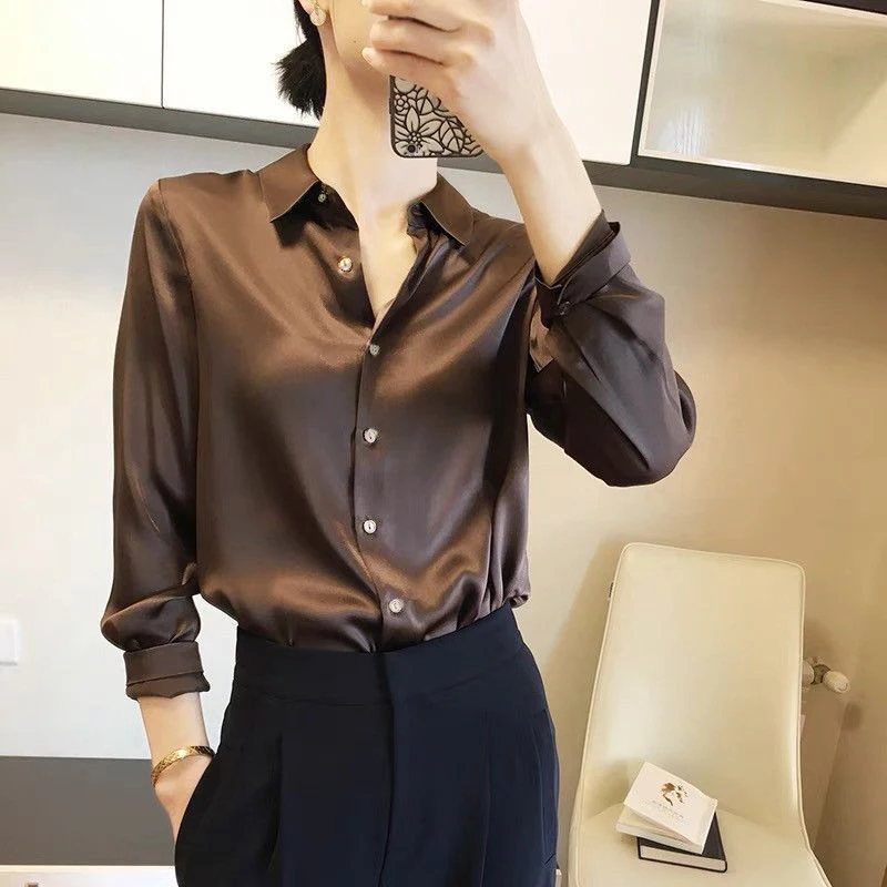 Color: GRAY, Size: M - All-match Satin Finish Shirts And Blouses Women Clothing Casual Top OL Long Sleeve Button Elegant Shirts French Solid Blouses