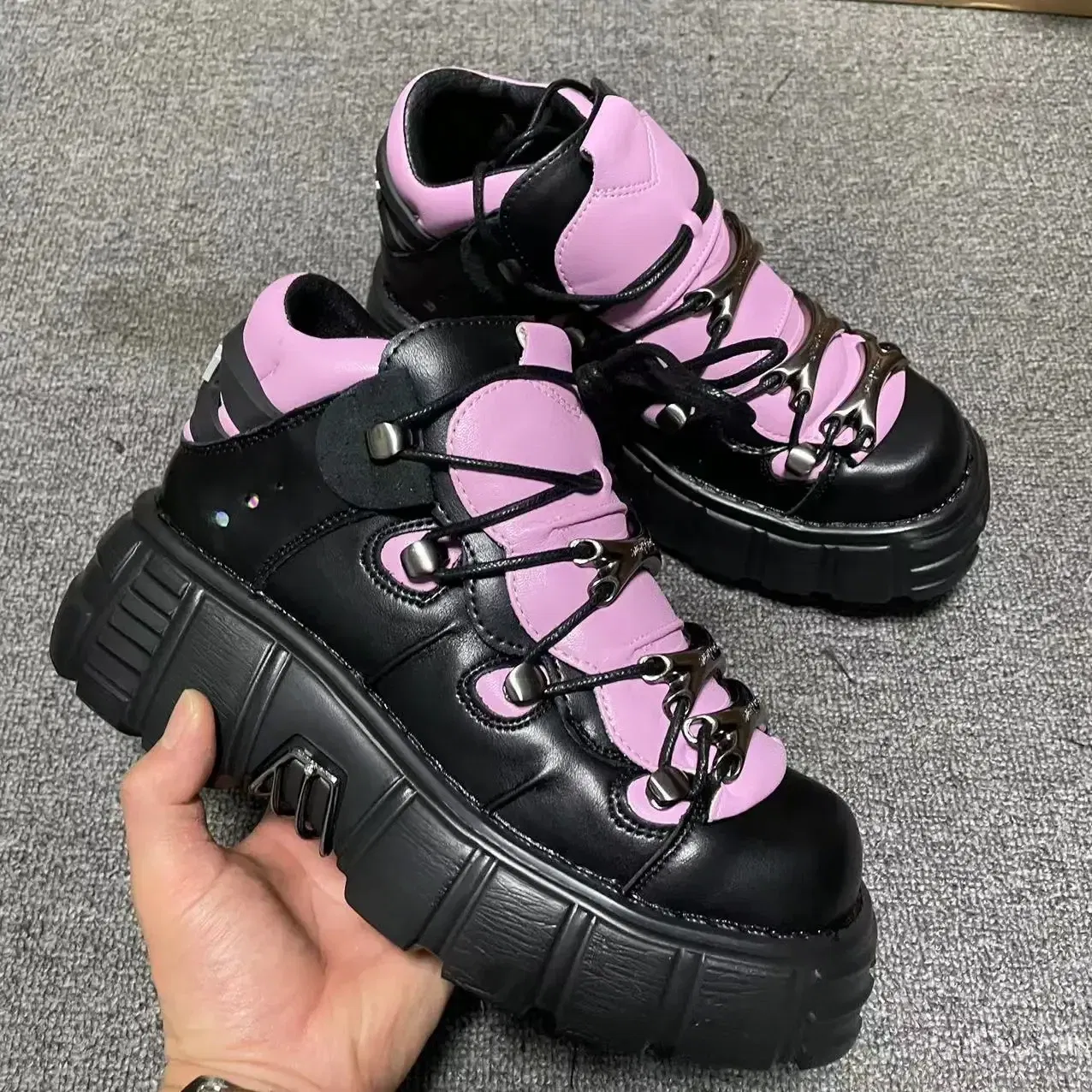 Color: Brown, Shoe Size: 42 - Punk Style Women Sneakers Lace-up 6CM Platform Shoes Woman Creepers Female Casual Flats Metal Decor Tenis Feminino Gothic