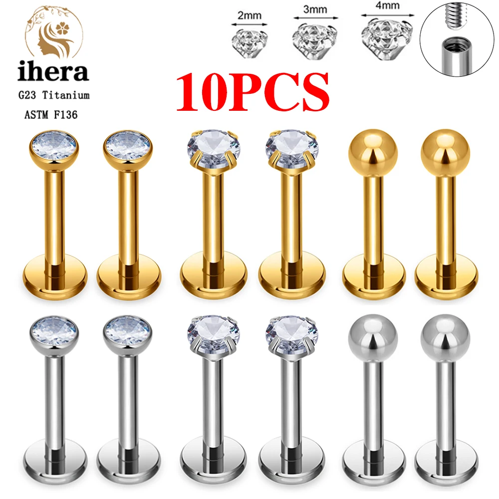 Metal color: Light Yellow Color, Ships From: CHINA, Main Stone Color: Orange - 10PCS G23 Titanium Labret Piercing Lip Ring 16G F136 Internal Thread Nose Stud Earring Tragus Helix Cartilage Piercing Jewelry