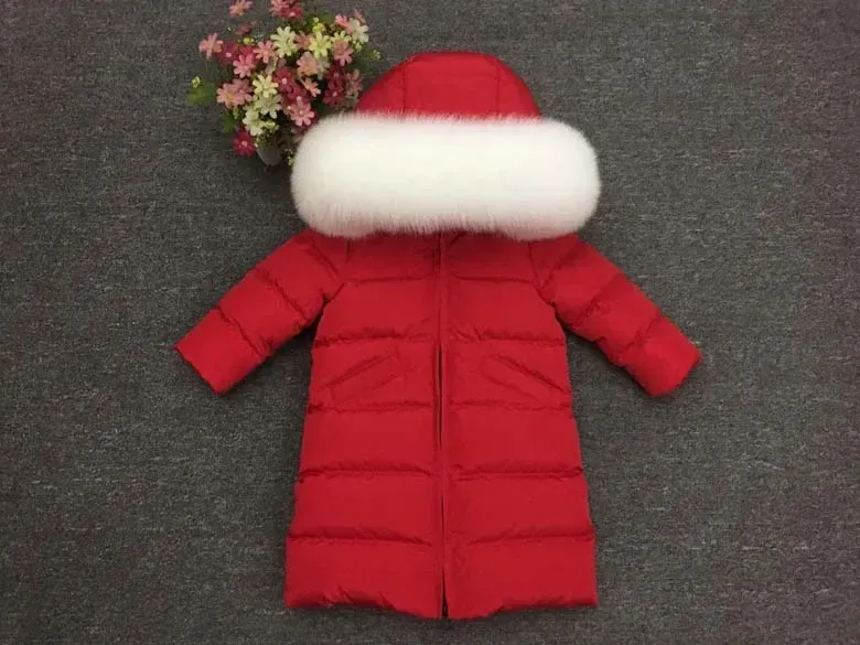 Color: Khaki, Kid Size: 3T - Children Girl boy Winter real fur thickened down jackets 90 down Long Coat jacket overcoat baby kids clothing -30 outwear ws1245