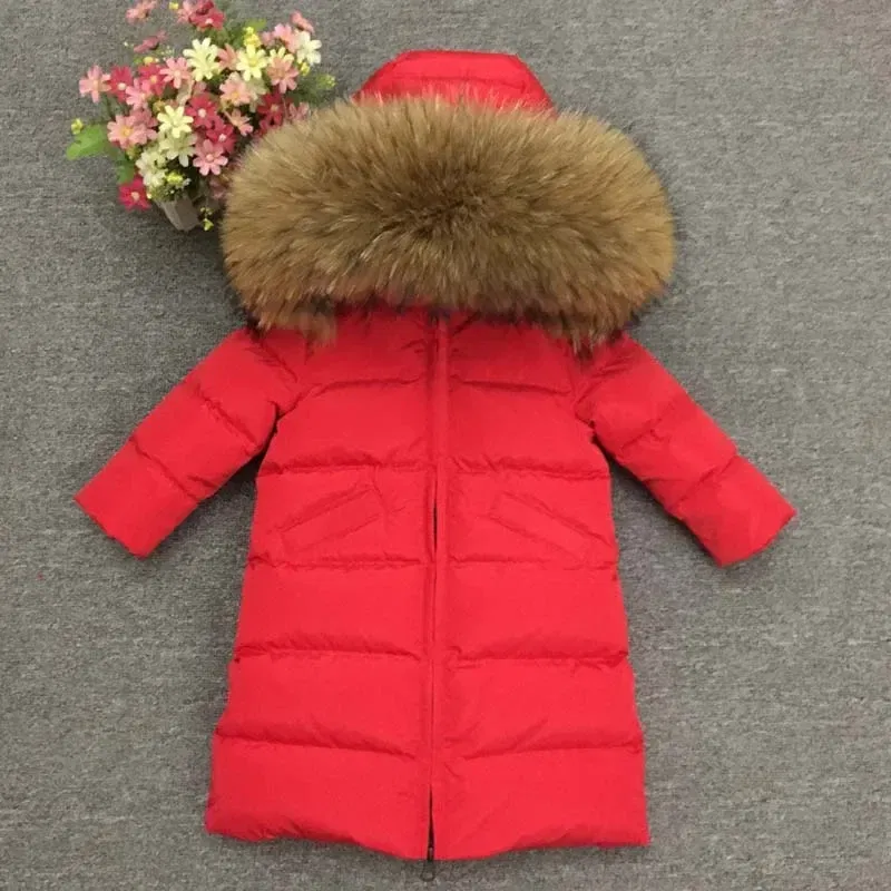 Color: Khaki, Kid Size: 3T - Children Girl boy Winter real fur thickened down jackets 90 down Long Coat jacket overcoat baby kids clothing -30 outwear ws1245