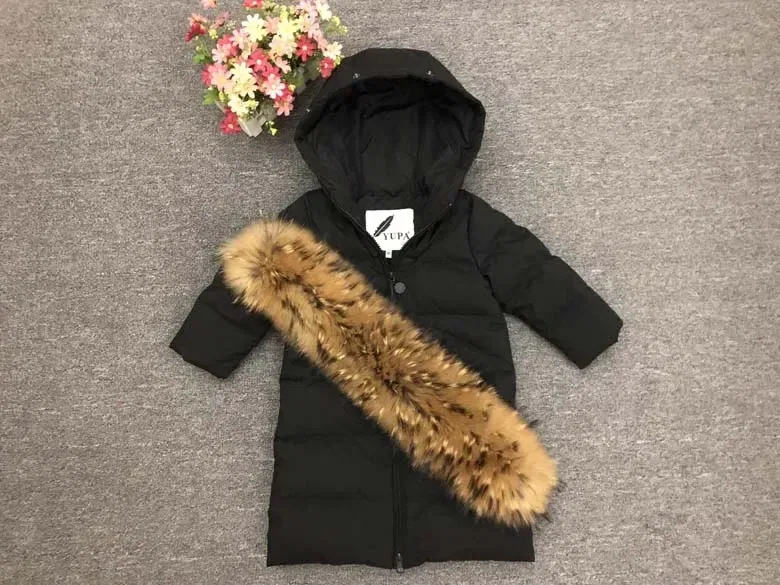 Color: Khaki, Kid Size: 3T - Children Girl boy Winter real fur thickened down jackets 90 down Long Coat jacket overcoat baby kids clothing -30 outwear ws1245