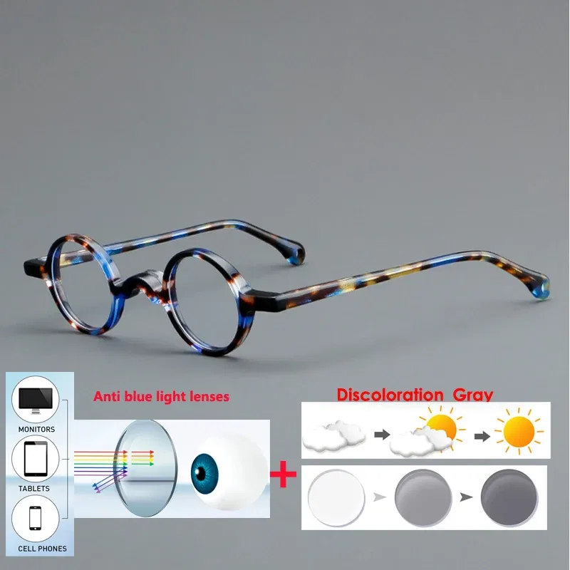 Frame Color: Bright Yellow, Eye Prescription: +150 - VCKA Photochromic Acetate Myopia Glasses Men Retro Small Round Frames Women Custom prescription Anti-Blue  Eyewear -0.5 TO -10