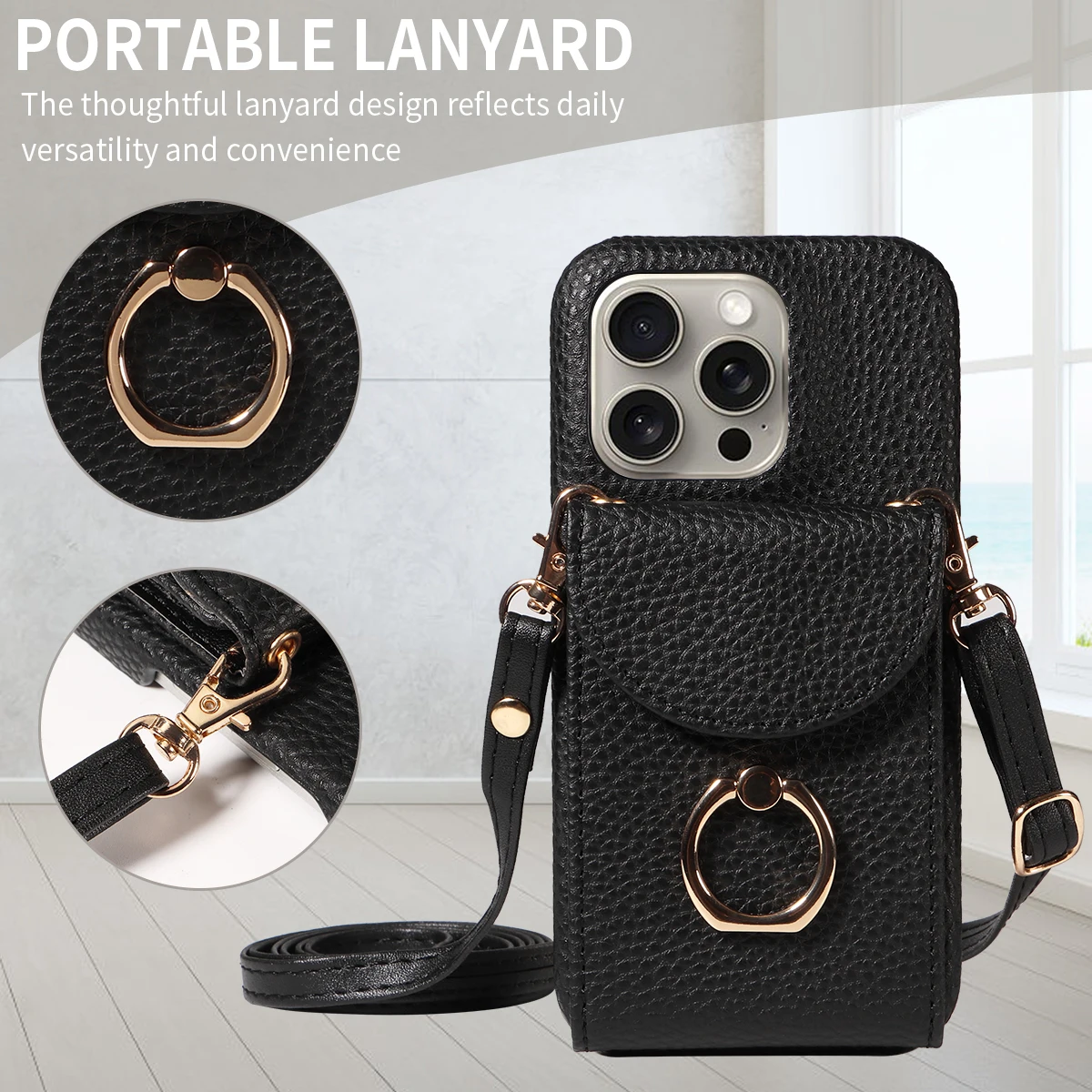 Color: Gold, Compatible-Phone Models: For iPhone 13 Pro, Bundle: Case & Strap, Material: Artificial Leather - High Quality Ring Stand Lychee Pattern Phone Case for IPhone16promax15 14 13 Crossbody with Lanyard PU Leather Anti-fall Cover