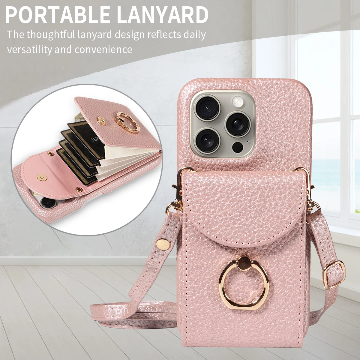 Color: Gold, Compatible-Phone Models: For iPhone 13 Pro, Bundle: Case & Strap, Material: Artificial Leather - High Quality Ring Stand Lychee Pattern Phone Case for IPhone16promax15 14 13 Crossbody with Lanyard PU Leather Anti-fall Cover