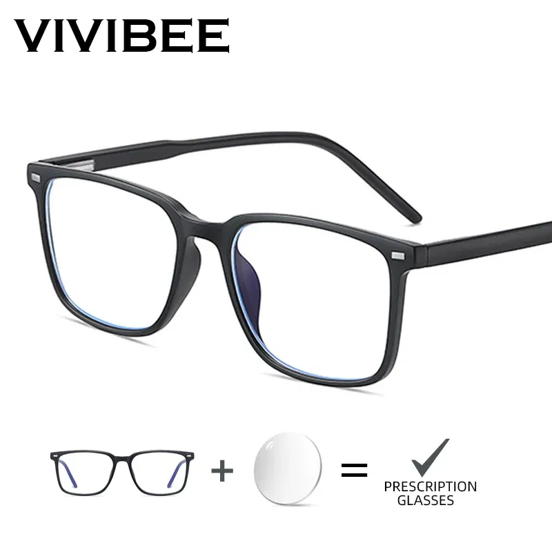 Frame Color: black, Prescription Type: Single Version, Lens Index: 1.61, Lens Function: None - VIVIBEE Customized Prescription Glasses Men TR90 Matte Black Square Myopia Eyewear Optical Classic Astigmatism Eyeglasses