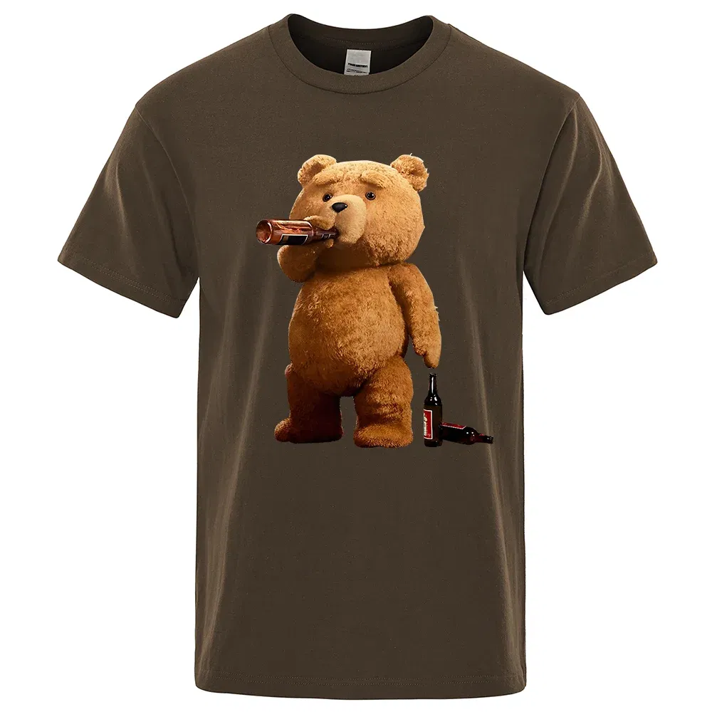 Color: Brown, Size: XL - Lovely Ted Bear Drink Beer Poster Funny Printed T-Shirt Men Fashion Casual Short Sleeves Loose Oversize Tee Street Hip Hop Tops