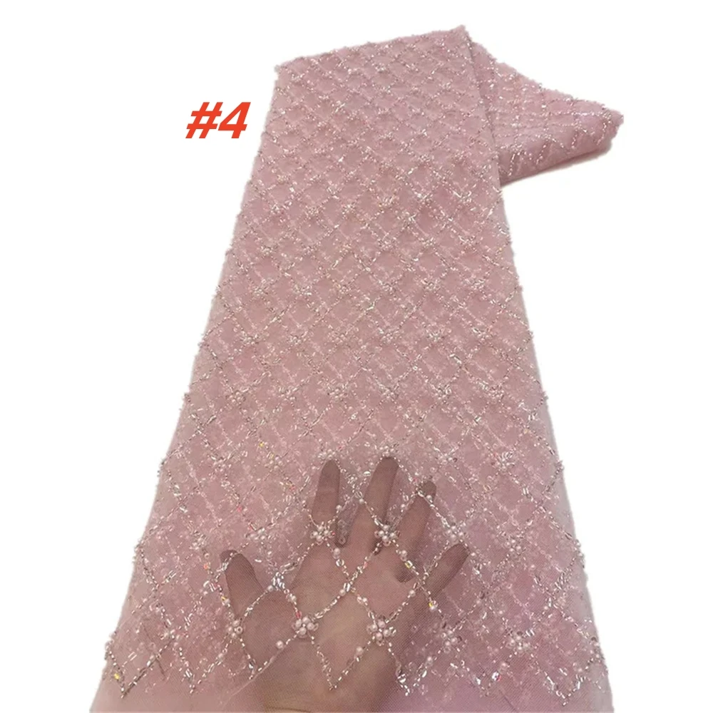 Color: Pink, Length: 1 yard, Width: 120cm - Gold African Sequins Lace Fabric 2025 High Quality French Nigerian Groom Lace Mesh Fabrics Beads For Sewing Dress Wedding Party