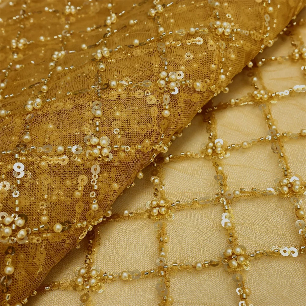 Color: Pink, Length: 1 yard, Width: 120cm - Gold African Sequins Lace Fabric 2025 High Quality French Nigerian Groom Lace Mesh Fabrics Beads For Sewing Dress Wedding Party