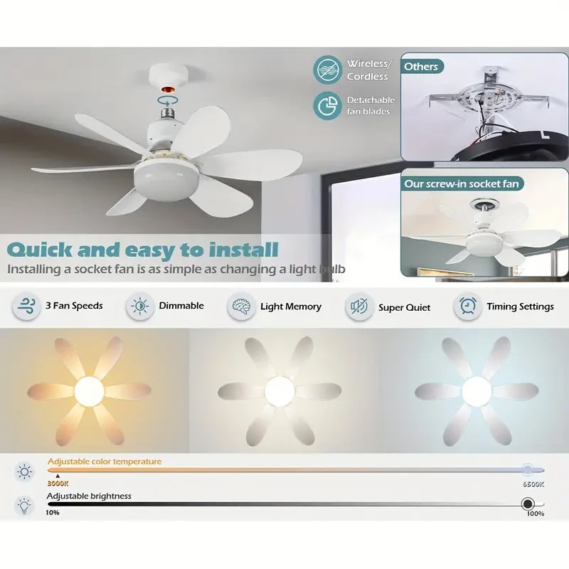 1pc Multifunctional E26/E27 Socket Ceiling Fan