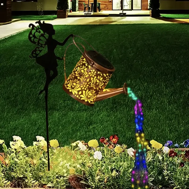 Solar-Powered Watering Can Lights with LED String - Metal Art Fairy Silhouette Stake for Garden, Patio & Lawn