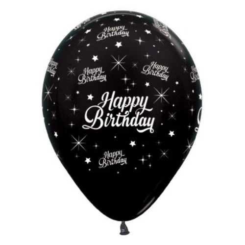 30cm Happy Birthday Black Metallic 6PK Latex Balloons - Pack of 6