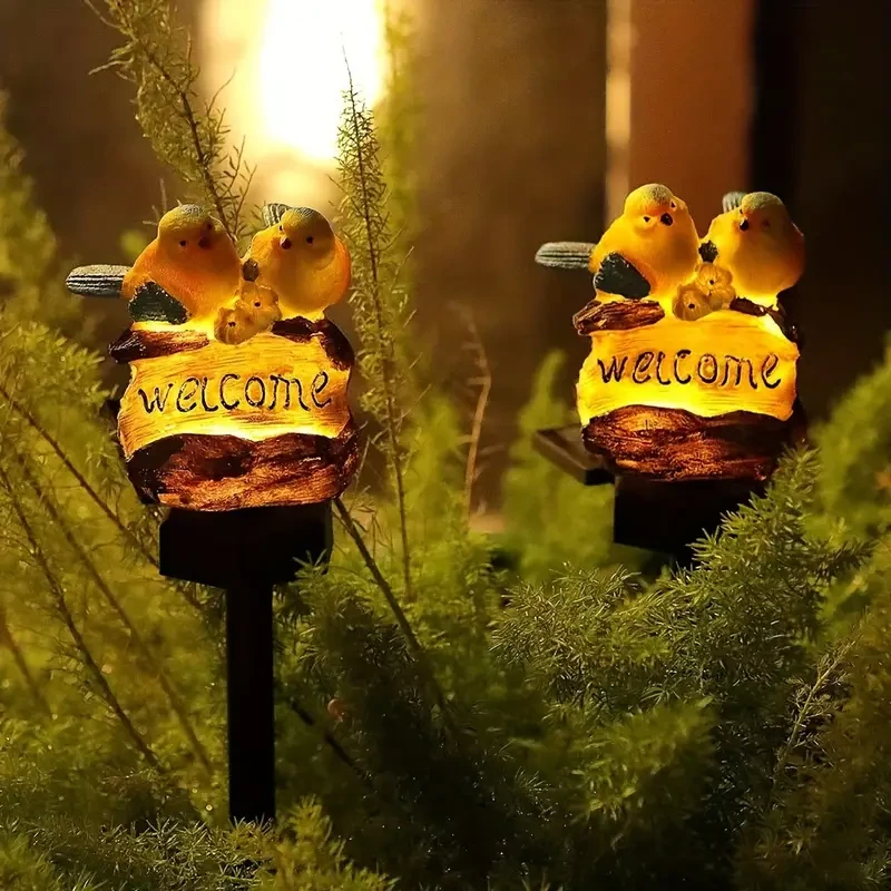 Solar-Powered LED Bird Garden Light with Welcome Sign - Resin Stake for Outdoor Lawn Decor