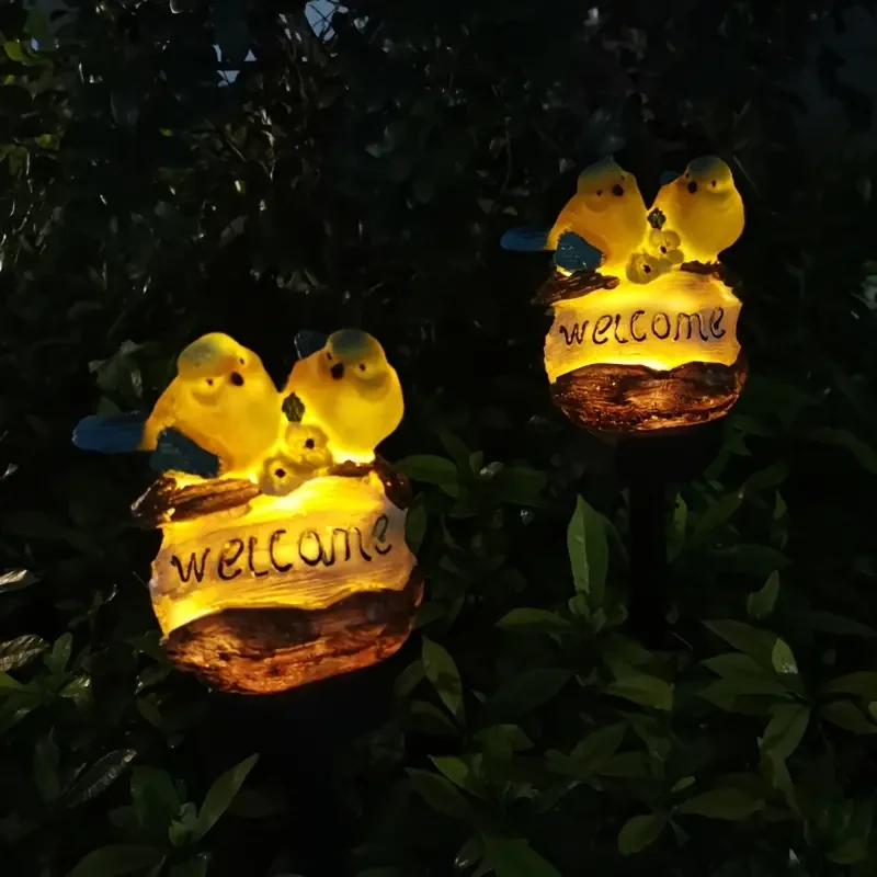 Solar-Powered LED Bird Garden Light with Welcome Sign - Resin Stake for Outdoor Lawn Decor