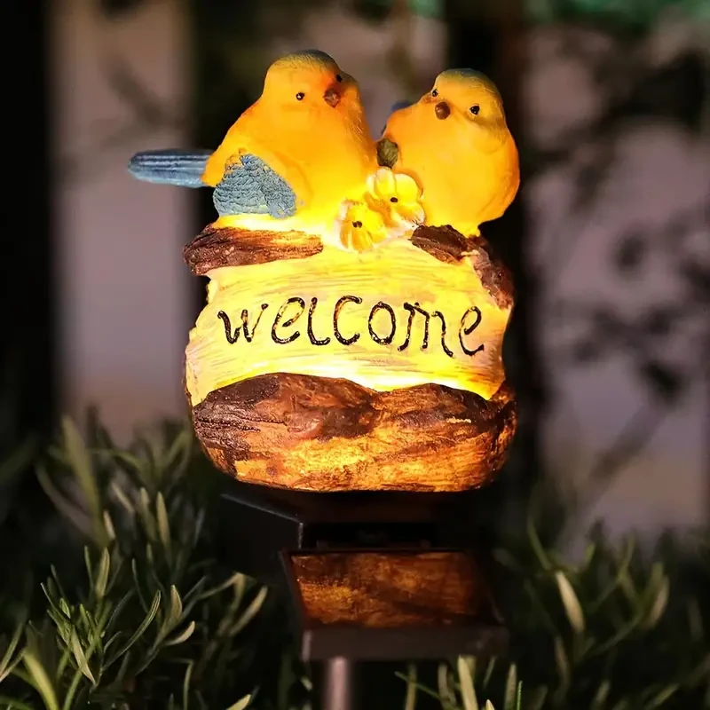 Solar-Powered LED Bird Garden Light with Welcome Sign - Resin Stake for Outdoor Lawn Decor