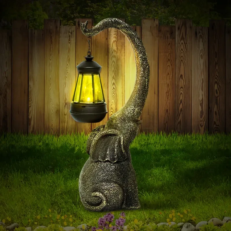 Solar-Powered Elephant Garden Statue - Resin Figurine with LED Light for Outdoor Decor