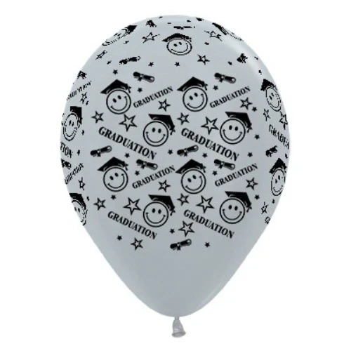 30cm Graduation Smiley Faces  Silver Metallic - Pack of 6