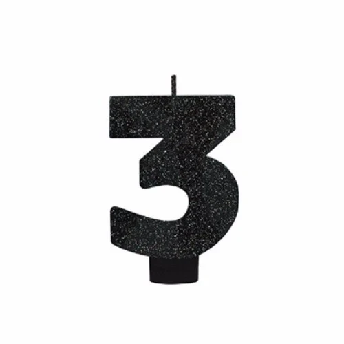 Candle Number Three Black Sparkle Glittered