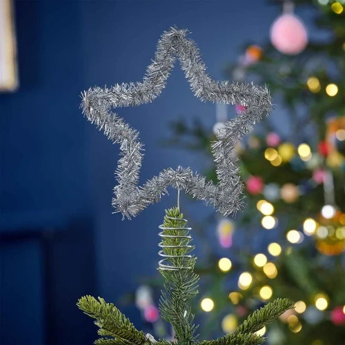 Merry & Bright Silver Tinsel Star Tree Topper
