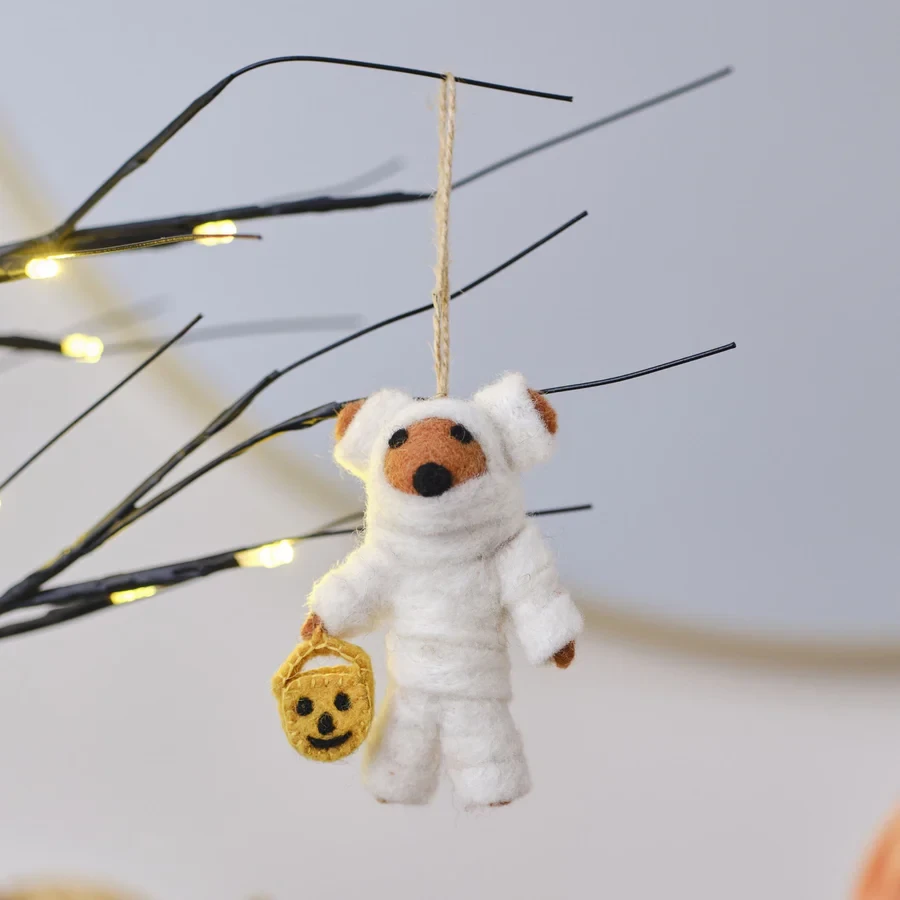 Halloween Hanging Tree Decoration - Pumpkin Spice Felt Mummy Bear