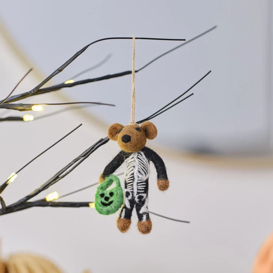 Halloween Hanging Tree Decoration - Pumpkin Spice Felt Skeleton Bear