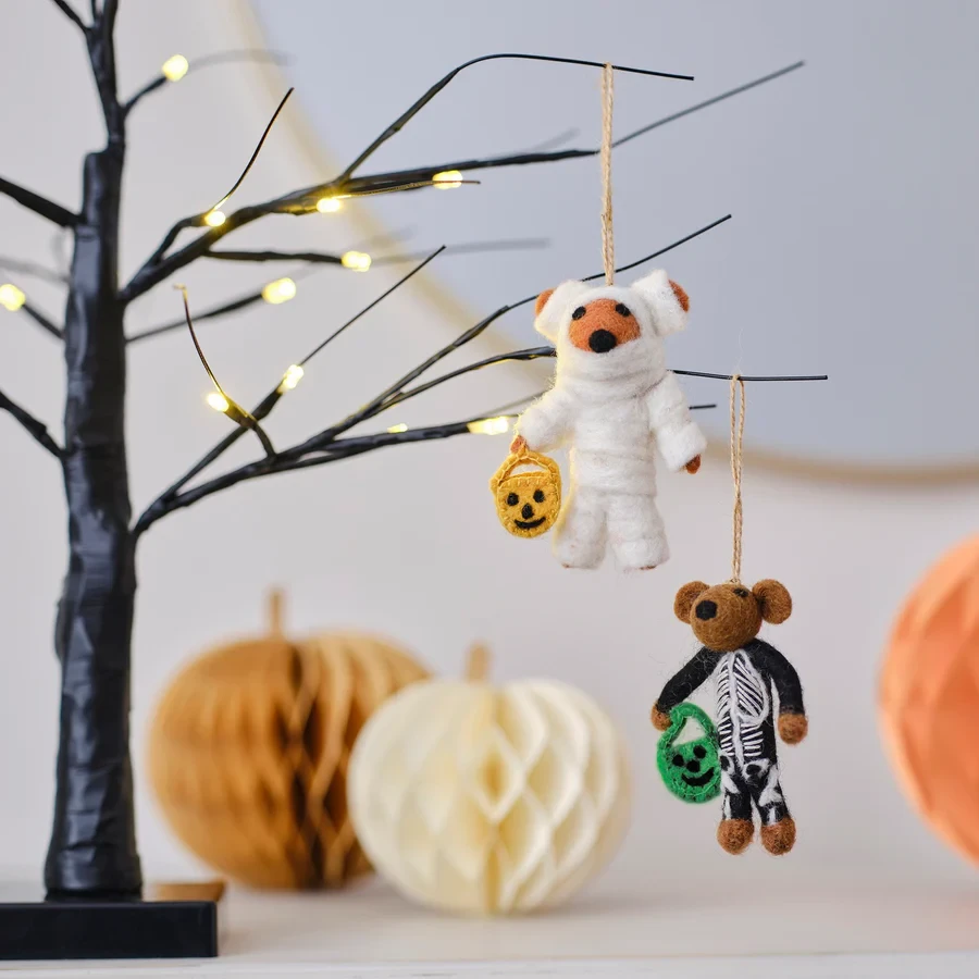 Halloween Hanging Tree Decoration - Pumpkin Spice Felt Skeleton Bear