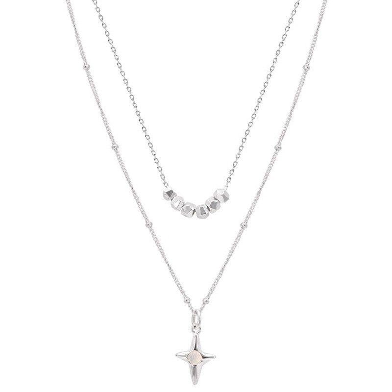 Double Layer Stainless Steel Necklace - Opal Cross Pendant & Bead Design for Women
